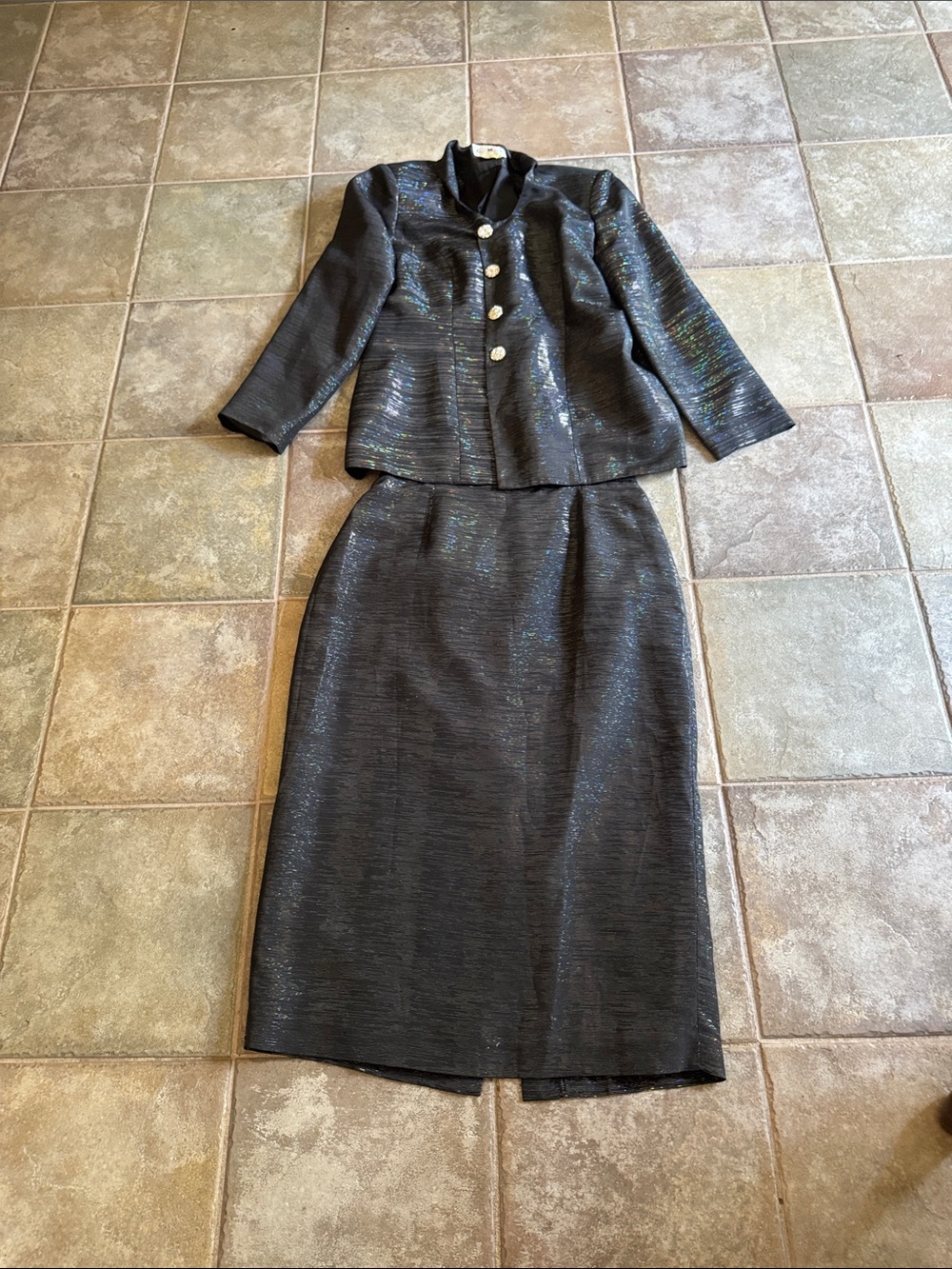 Classic Black Midi Skirt Suit with Subtle Iridescent Sheen